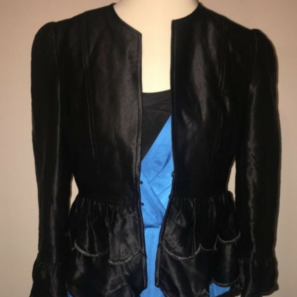 WOMENS NANETTE LEPORE BLACK RUFFLE TRIM JACKET SZ 6 RETAIL $300.00!